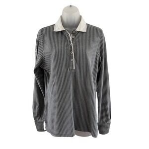Ariat Polo Shirt Womens Large Gray Stripe Rugby Long Sleeve Equestrian Crest